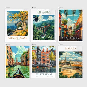 a series of four travel posters of different cities