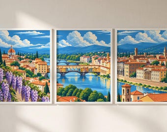 Florence Italy Set of 3 Prints, Florence Cityscape Wall Art, Ponte Vecchio Triptych Posters, Italy Travel Decor