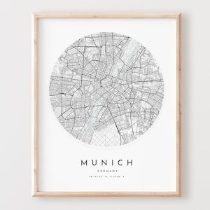 Impressão de mapa de Munique, mapa de Munique pôster arte de parede da cidade, mapa de estradas de Munique, decoração de mapa de rua de impressão de Munique, presente de escritório, L223v4