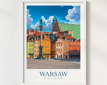 Warsaw Poland Travel Poster Illustration Style Wall Art Print City Skyline Architecture Decor
