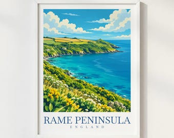 Rame Peninsula Cornwall Travel Poster, Cornwall Coastal Landscape Print, England Seaside Wall Art, Cornish Coast Decor