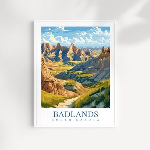 Stampa artistica da parete con stampa di viaggio Badlands South Dakota - Paesaggio illustrato del deserto e delle rocce, opera d&#39;arte naturalistica, decorazione del South Dakota, regalo d&#39;avventura
