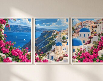 Santorini Greece Set of 3 Prints, Santorini Print Wall Art, Greek Islands Triptych Posters, Greece Travel Decor
