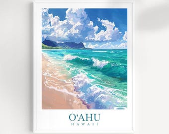 May include: A digital painting of a beach scene with turquoise water, white foamy waves, and a sandy shore. The sky is blue with white clouds. The text "O'AHU HAWAII" is at the bottom of the image.
