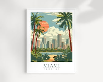 Miami Stadtbild Druck Reise Poster Wand Kunst Florida Wandbehang Home Dekor Miami Geschenk Kunstliebhaber Miami Kunstliebhaber Geschenk Miami Florida Kunst