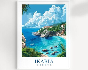 May include: A colorful illustration of a coastal scene in Ikaria, Greece. The image features a turquoise blue bay with a small boat, surrounded by green hills and a white sandy beach. The text "Ikaria Greece" is displayed at the bottom of the image.