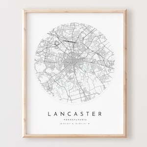Impresión de mapa de Lancaster, póster de mapa de Lancaster, arte de pared de ciudad, mapa de carreteras de Pensilvania, decoración de mapa de calles con impresión de Pensilvania, regalo de oficina, L432v4
