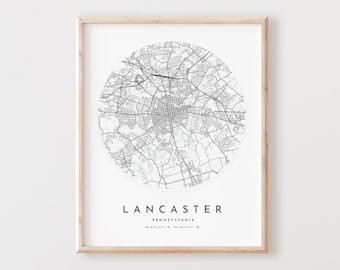 Lancaster Map Print, Lancaster Map Poster City Wall Art, Pa Road Map, Pennsylvania Print Street Map Decor,  Office Gift, L432v4