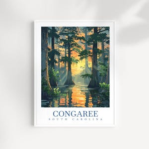 Congaree South Carolina Travel Print Wall Art - Illustrated Swamp & Forest Landscape, Nature Artwork, South Carolina Decor, Adventure Gift