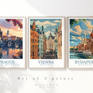 Juego de 3 carteles de viaje de Budapest, Viena y Praga, decoración de pared personalizada, póster de viaje, regalo personalizado, impresión de viaje para cualquier lugar
