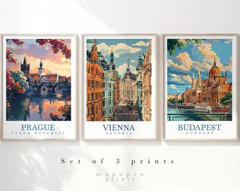 Budapest Vienna Praga Stampa di viaggio Set di 3 poster Decorazione di viaggio personalizzata Arte murale Poster di viaggio Regalo personalizzato Stampa di viaggio per qualsiasi luogo