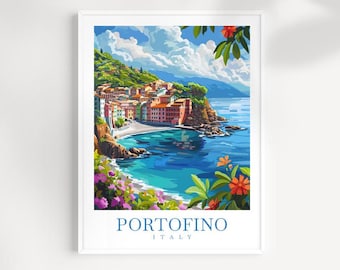 Stampa Portofino Italia Poster di viaggio Illustrazione Stile Decorazione murale Riviera italiana Costiera