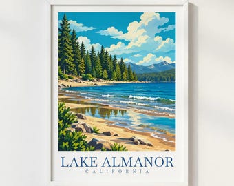 Lake Almanor California Travel Poster, Northern California Lake Print, Mountain Landscape Wall Art, Lake House Decor