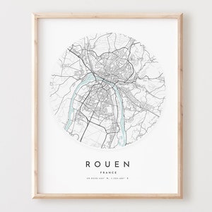 Impressão de mapa de Rouen, mapa de Rouen pôster arte de parede da cidade, mapa de estrada de Rouen, decoração de mapa de rua de Rouen, presente de escritório, L380v4