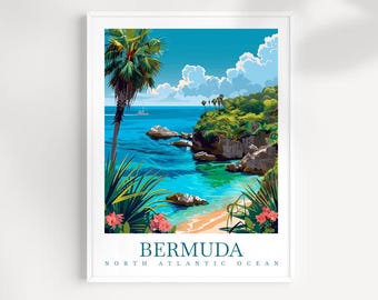 Może przedstawiać: Kolorowa ilustracja tropikalnej plaży z palmami, turkusową wodą i skalistym wybrzeżem. Na dole obrazu widnieje napis "BERMUDA NORTH ATLANTIC OCEAN".