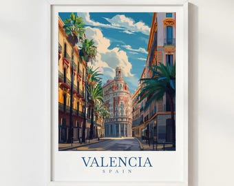 Valencia Spain Travel Print Illustration Style Wall Art Poster Cityscape Architecture Decor