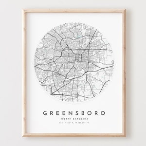 Impressão de mapa de Greensboro, mapa de Greensboro pôster arte de parede da cidade, mapa de estradas Nc, decoração de mapa de ruas de impressão da Carolina do Norte, presente de escritório, L485v4
