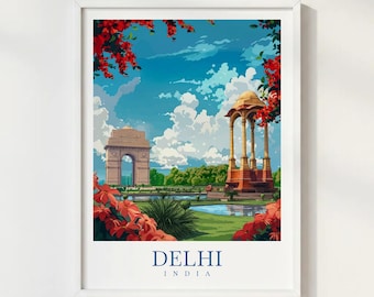 Delhi India Travel Print Illustration Style Wall Art Poster Cityscape Architecture Decor