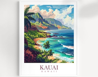 May include: A colorful illustration of a tropical beach scene with lush green mountains, palm trees, and turquoise blue water. The text "KAUAI HAWAII" is at the bottom of the image.