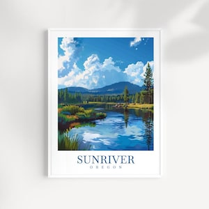 May include: A scenic illustration of a lake with a blue sky and fluffy white clouds. The lake is surrounded by green trees and a mountain range in the distance. The text "SUNRIVER OREGON" is at the bottom of the image.