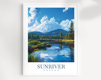 May include: A scenic illustration of a lake with a blue sky and fluffy white clouds. The lake is surrounded by green trees and a mountain range in the distance. The text "SUNRIVER OREGON" is at the bottom of the image.