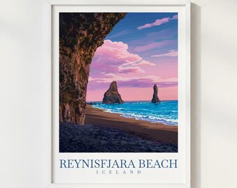 Reynisfjara Iceland Travel Print Illustration Style Wall Art Poster Black Sand Beach Nature Decor
