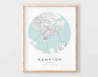 Hampton Map Print, Hampton Map Poster City Wall Art, Va Road Map, Virginia Print Street Map Decor,  Office Gift, L746v4