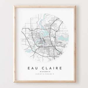 Impresión de mapa de Eau Claire, póster de mapa de Eau Claire, arte de pared de ciudad, mapa de carreteras de Wisconsin, decoración de mapa de calles de Wisconsin, regalo de oficina, L842v4