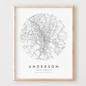 Impressão de mapa de Anderson, mapa de Anderson pôster arte de parede de cidade, mapa de estrada Sc, decoração de mapa de rua com impressão da Carolina do Sul, presente de escritório, L1022v4