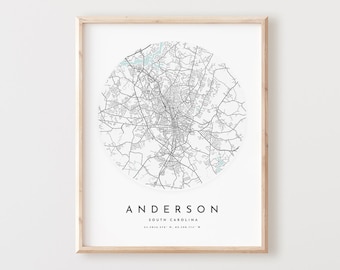 Anderson Südcarolina Karte Print: Moderne Stadtstrassenkunst