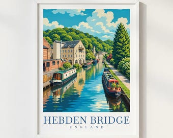 Hebden Bridge England Travel Print, Yorkshire Canal Wall Art, English Village Poster