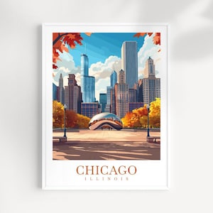 Impression de la ville de Chicago, affiche de voyage, art mural, tenture murale de Chicago, décoration d'intérieur, cadeau de Chicago, amateurs d'art, cadeau d'amateur d'art de l'Illinois, parc du millénaire