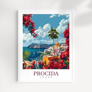 May include: A colourful illustration of the island of Procida, Italy. The image features a vibrant blue sky with fluffy white clouds, a picturesque town with colourful buildings, a lush green hillside, and a sparkling blue sea. The town is surrounded by a vibrant red flower bush.