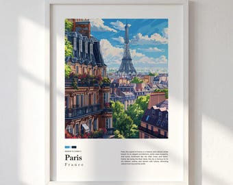 Paris Travel Print, Eiffel Tower Wall Art, France Poster, Illustrated City Art, Paper Print or Canvas