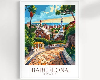 May include: A framed art print featuring a colorful illustration of Barcelona, Spain. The artwork depicts a scenic view of a park with architectural buildings, a bridge, and lush greenery. The word "BARCELONA" is printed at the bottom.