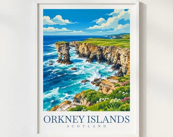 Orkney Islands Scotland Travel Poster, Scottish Coastal Cliffs Print, Yesnaby Sea Stack Wall Art, Highland Coastal Decor