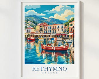 Rethymno Crete Greece Travel Print, Greek Island Harbor Wall Art, Mediterranean Coastal Poster