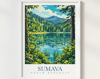 Sumava Czech Republic Travel Poster, Sumava National Park Print, Bohemian Forest Wall Art, Czech Lake Landscape Decor