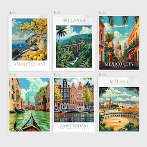 a series of four travel posters of different cities