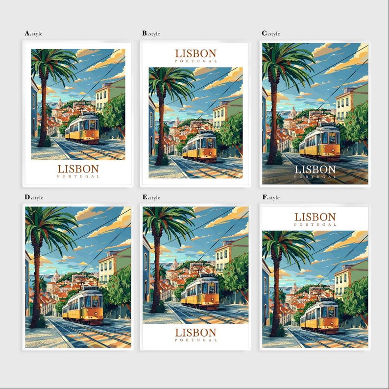 May include: A vintage travel poster featuring a yellow tram traveling up a hill in Lisbon, Portugal. The poster has a retro style with a blue sky, palm trees, and colorful buildings.