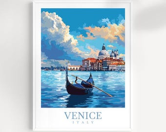 May include: A painting of a gondola on a canal in Venice, Italy. The gondola is black and has a gondolier standing in the back. The canal is blue and there are buildings in the background. The sky is blue with white clouds. The text "VENICE ITALY" is at the bottom of the painting.