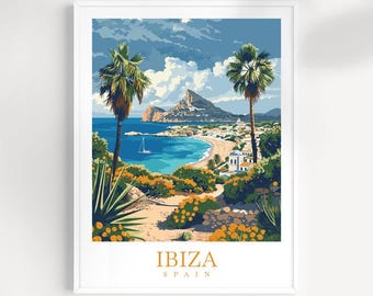 Pôster de viagem para Ibiza, Espanha: Arte de parede costeira