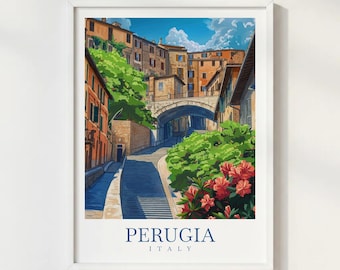 Perugia Italy Travel Poster Illustration Style Wall Art Print Umbrian City Landscape Decor