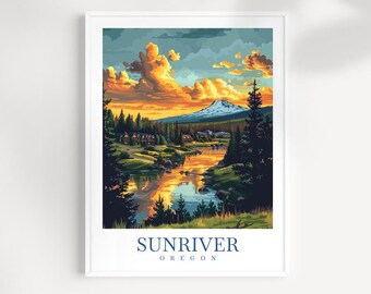 May include: A framed art print featuring a landscape scene of Sunriver, Oregon. The artwork depicts a river reflecting the sunset's orange and yellow hues, with a snow-capped mountain in the background. The text "SUNRIVER OREGON" is printed at the bottom.