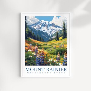 Mount Rainier Washington State Travel Print Wall Art - Illustrated Mountain Landscape, Nature Artwork, Washington Decor, Adventure Gift