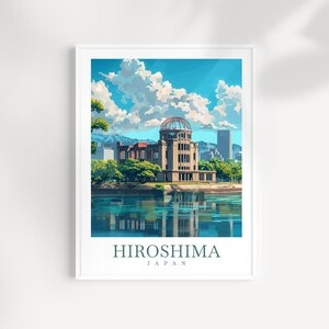 May include: A colorful illustration of the Hiroshima Peace Memorial Park in Japan. The iconic Genbaku Dome is featured in the center of the image, with a reflection of the dome in the water. The sky is blue with white clouds. The text "HIROSHIMA JAPAN" is at the bottom of the image.