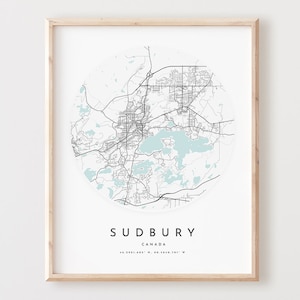Impressão de mapa de Sudbury, mapa de Sudbury pôster arte de parede da cidade, mapa de estradas de Sudbury, decoração de mapa de rua de impressão de Sudbury, presente de escritório, L680v4