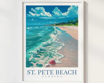 St Pete Beach Florida Travel Poster: Coastal Ocean Wave Illustration Wall Art