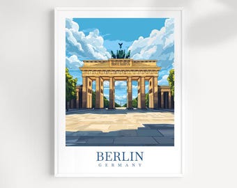 Könnte beinhalten: Eine farbenfrohe Illustration des Brandenburger Tors in Berlin, Deutschland. Das Tor ist ein berühmtes Wahrzeichen und ein Symbol der deutschen Wiedervereinigung.