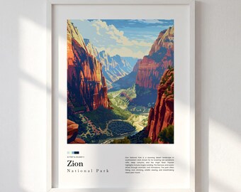 Zion National Park Travel Print, Utah Wall Art, Desert Landscape Poster, Southwest Mountain Decor, Illustrated Destination Story